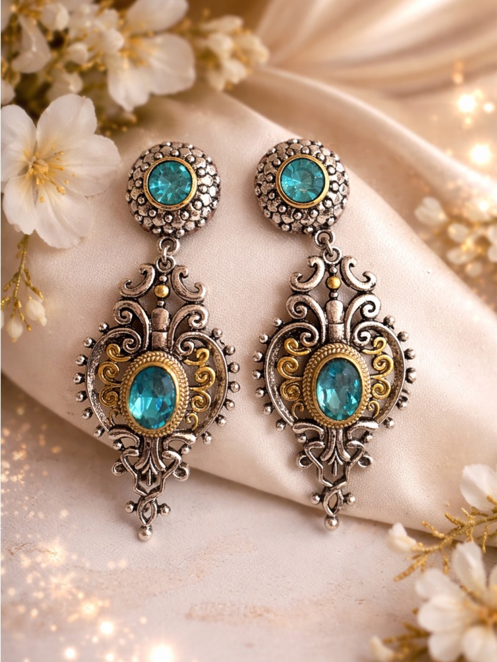 Victorian Style Blue Crystal Dangle Earrings Filigree Duel Tone
